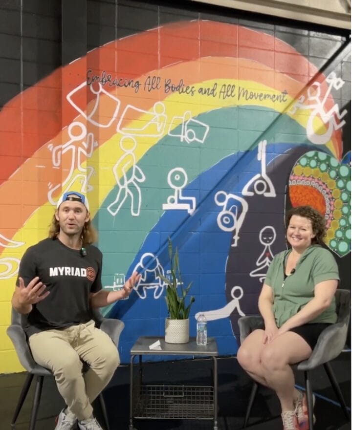 Jared Byczko and Stephanie Rudd recording an episode talking about The Myriad Murals